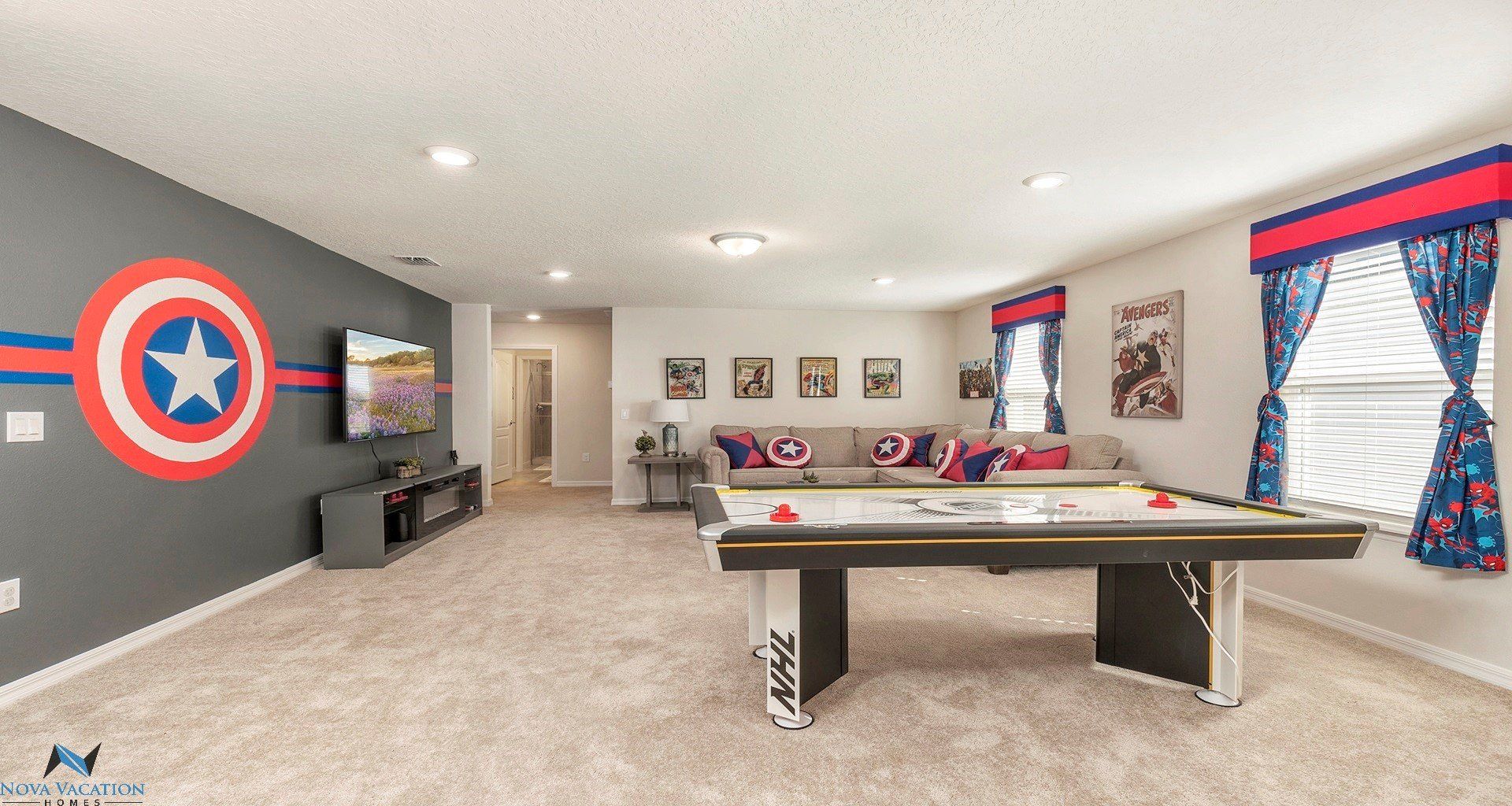 Captain America's HQ! Game room with pool table.