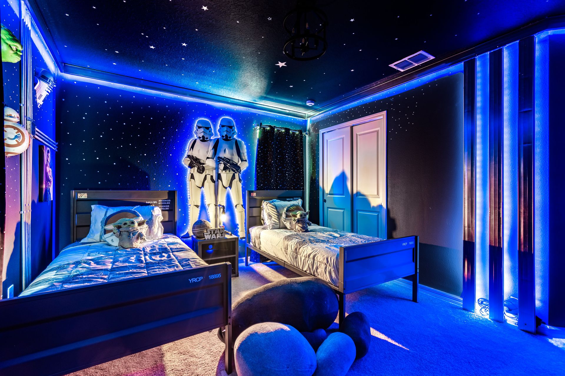 Epic galaxy-themed room with glowing lights, starry walls & space adventure vibes!
