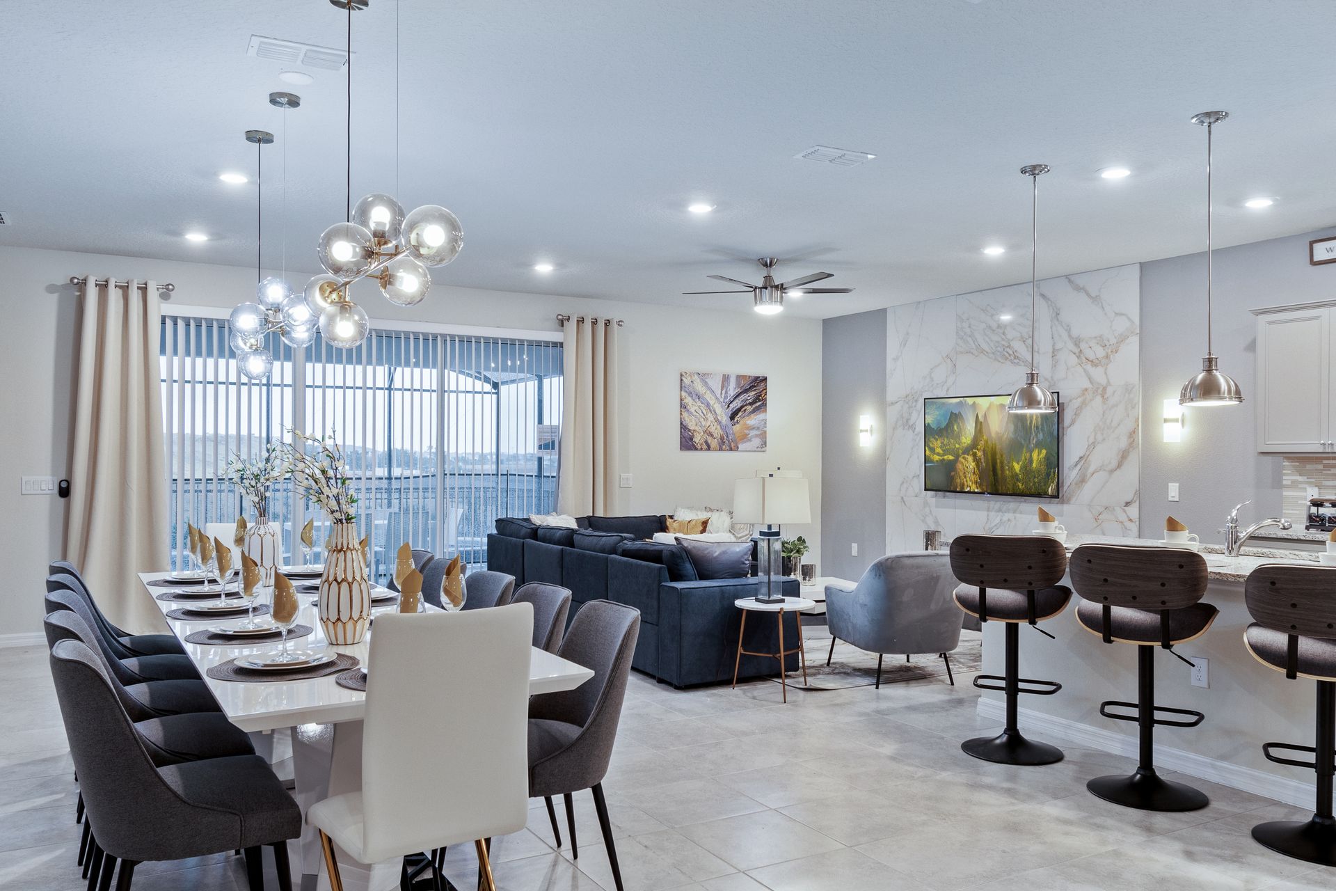 Modern open-concept space with stylish decor, ideal for group gatherings.