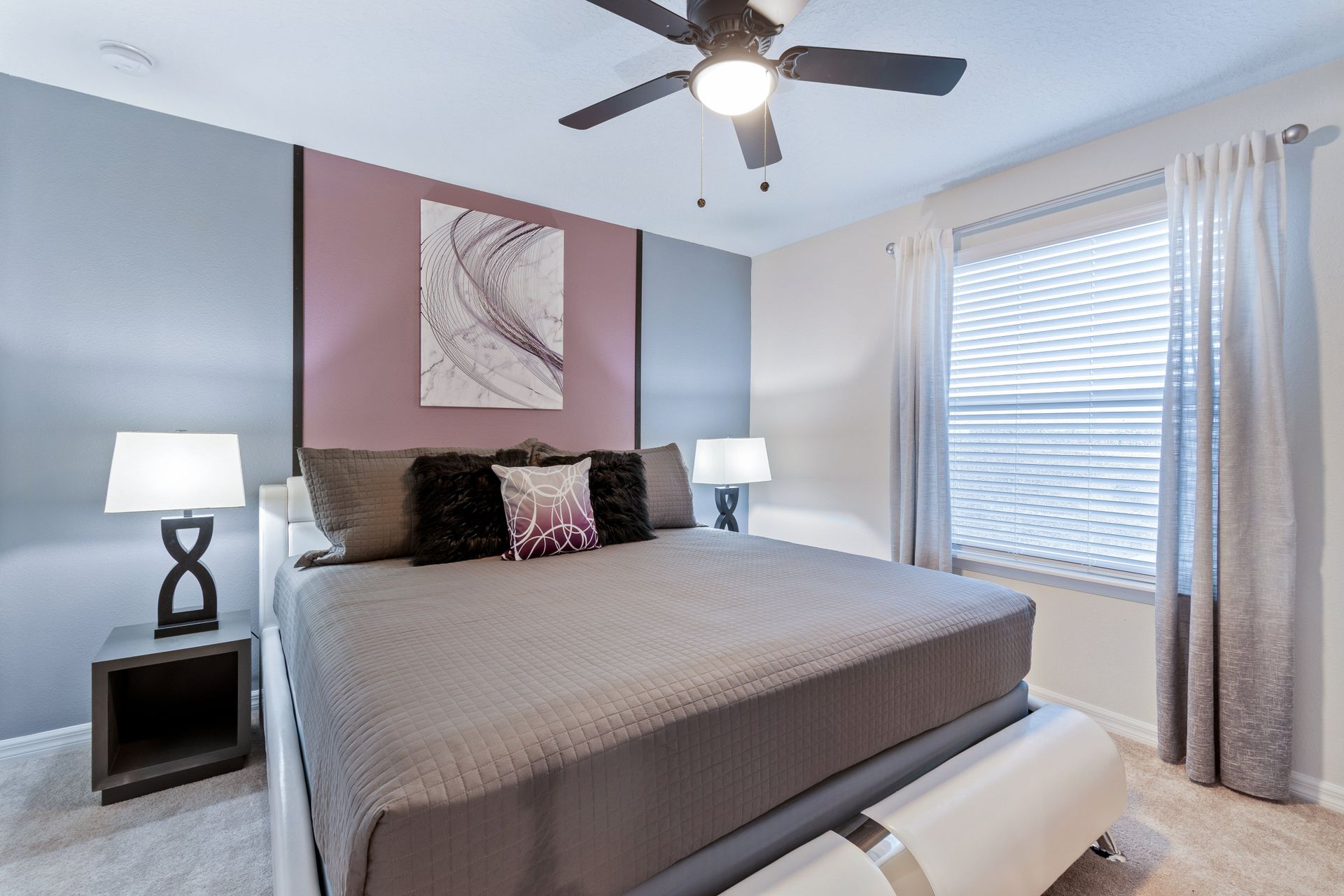 Chic bedroom with a king bed, modern accents, and relaxing atmosphere.