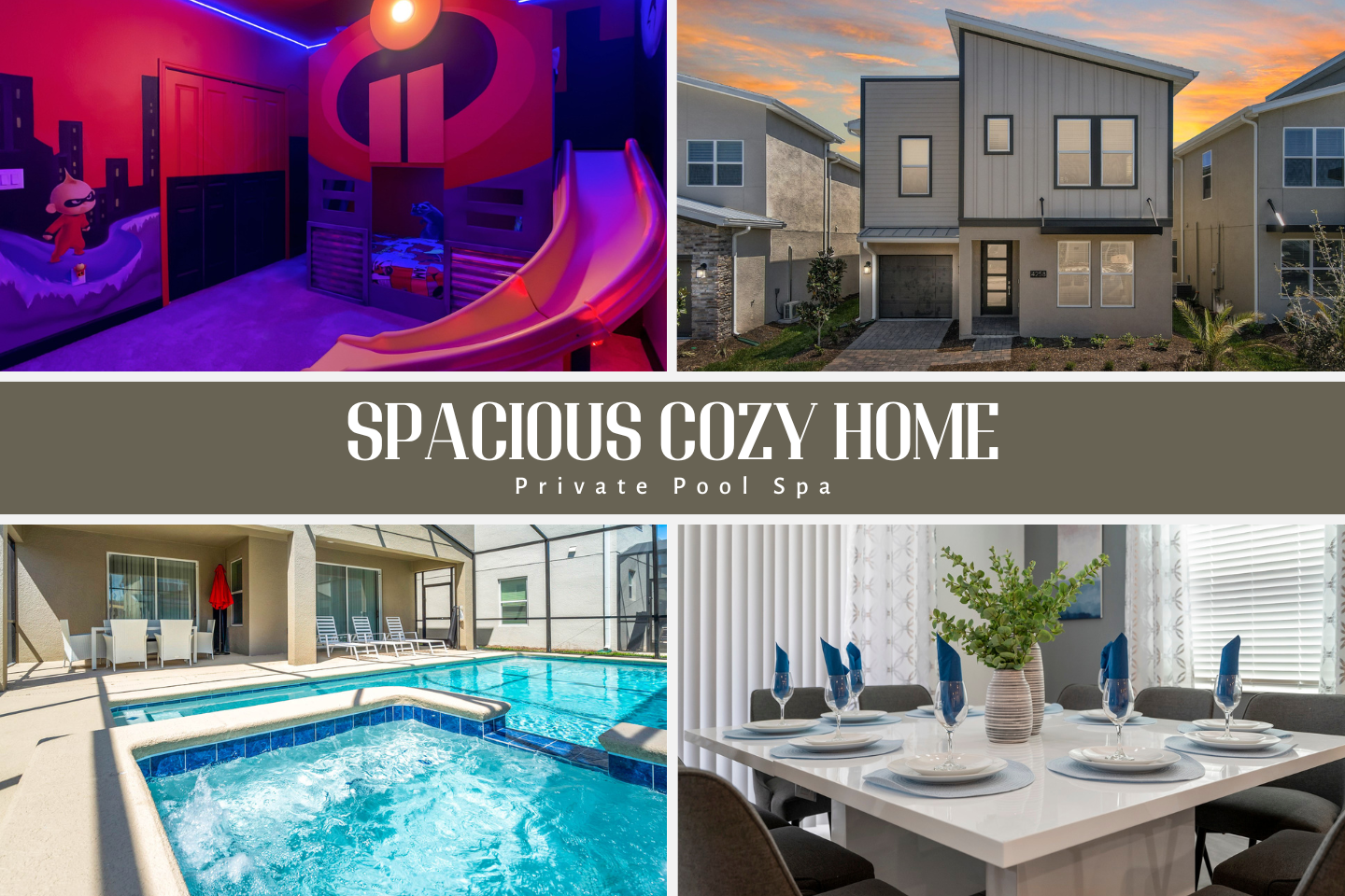 Your dream stay awaits—chic decor, fun pool, and a magical kids' room!