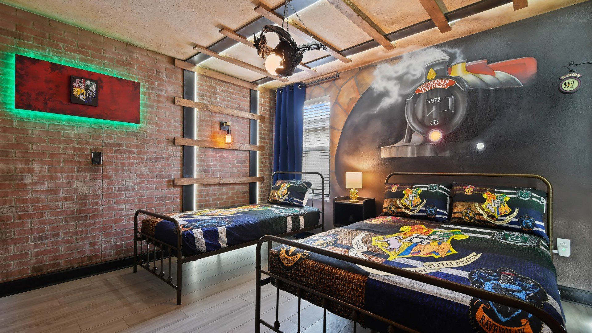 Kids will love the upstairs bedroom with a cool Harry Potter theme