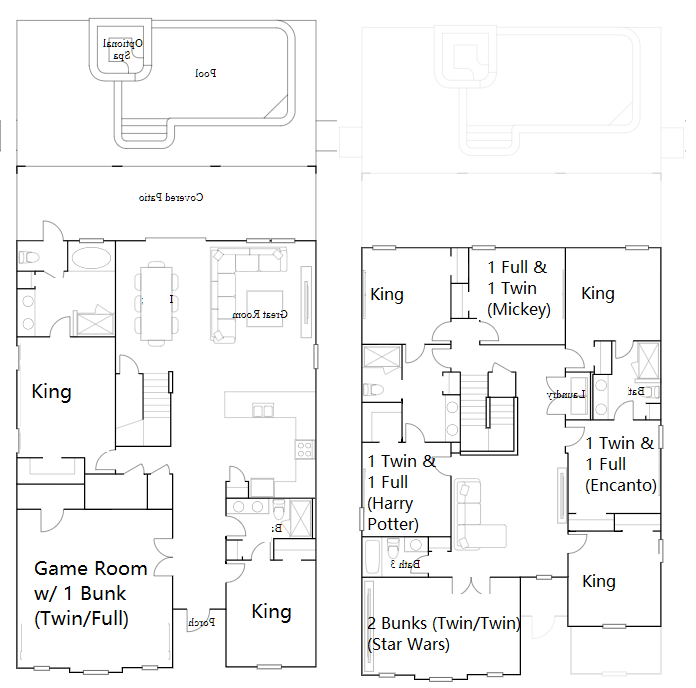 This floor plan showcases a spacious vacation home with themed bedrooms and ample entertainment areas.