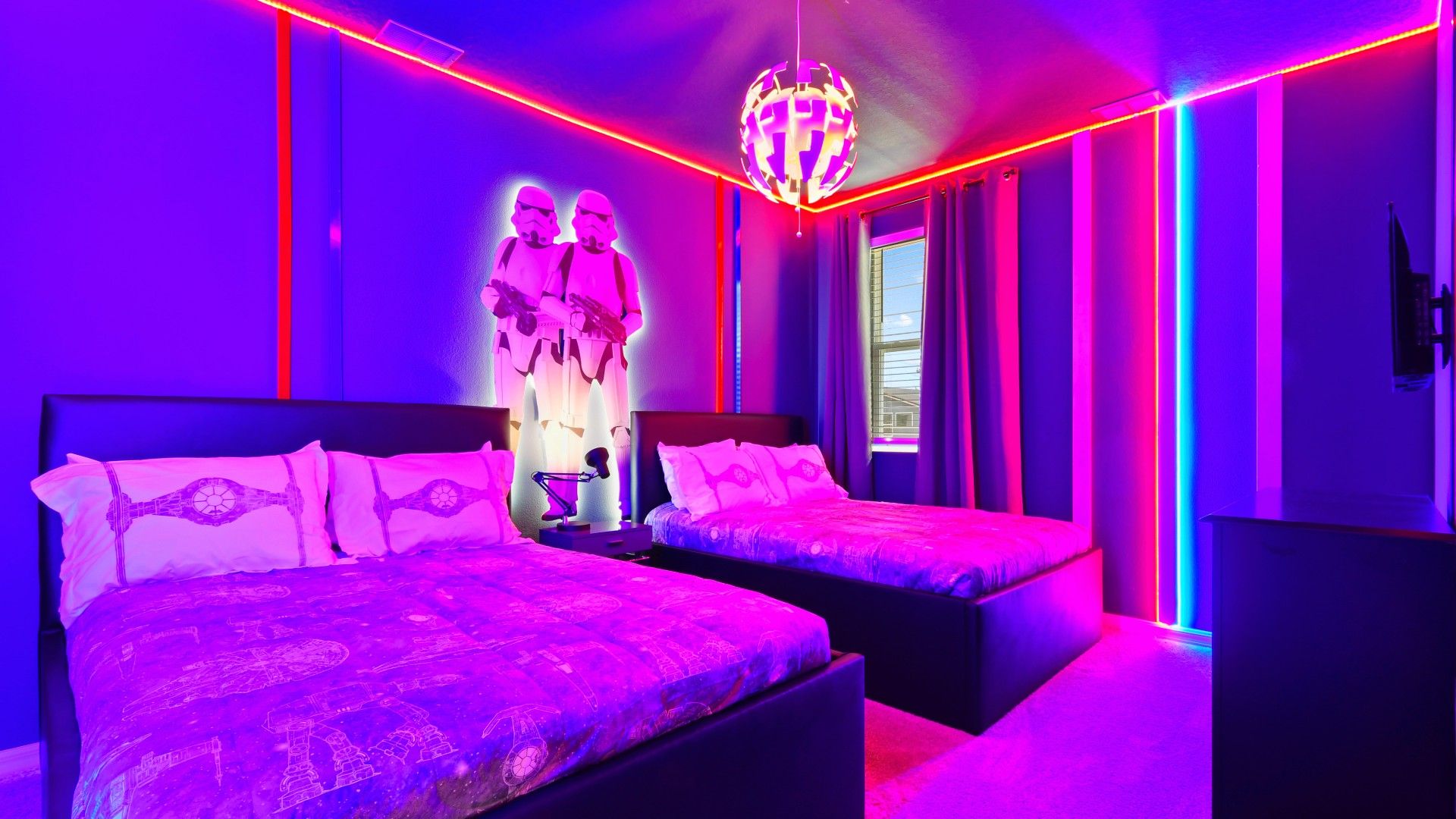 Galactic Star Wars-themed room with glowing neon lights and epic sci-fi decor!