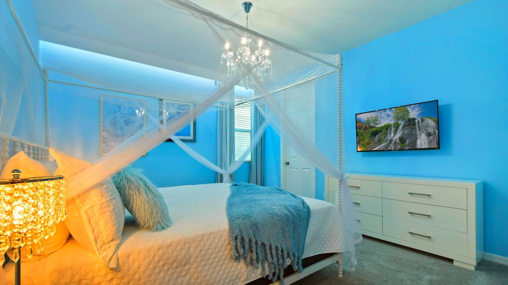 Magical Frozen-inspired bedroom with a dreamy canopy bed, soft lighting, and charm!