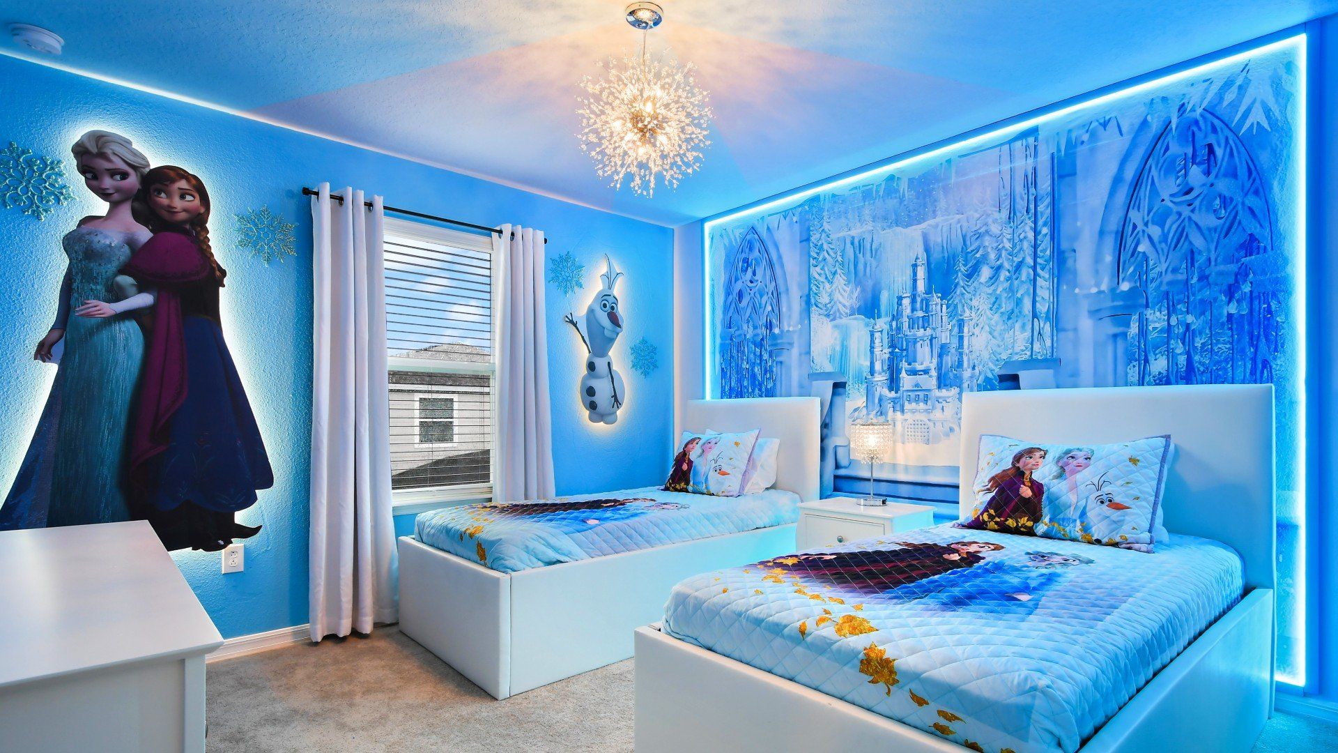Kids will have fun in this Frozen bedroom with beautiful lights & wall paint