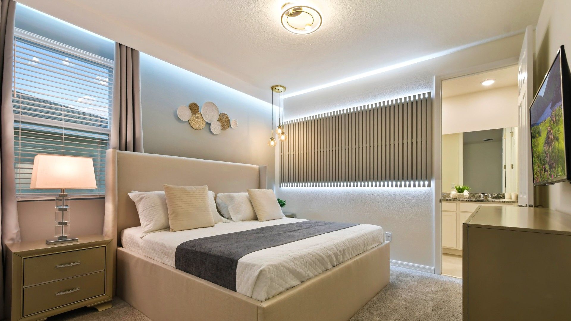 Serene Modern Bedroom: Soft Lighting, Chic Decor & Cozy Ambiance!