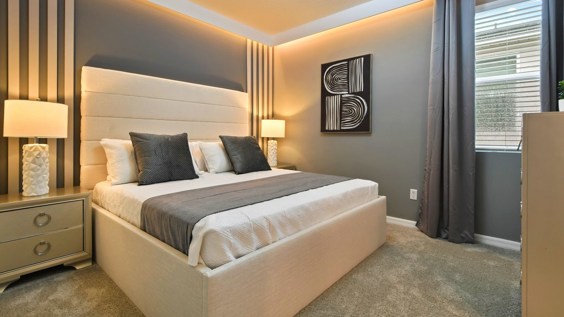 Modern Luxury Bedroom: Soft Neutrals, Elegant Lighting & Style!