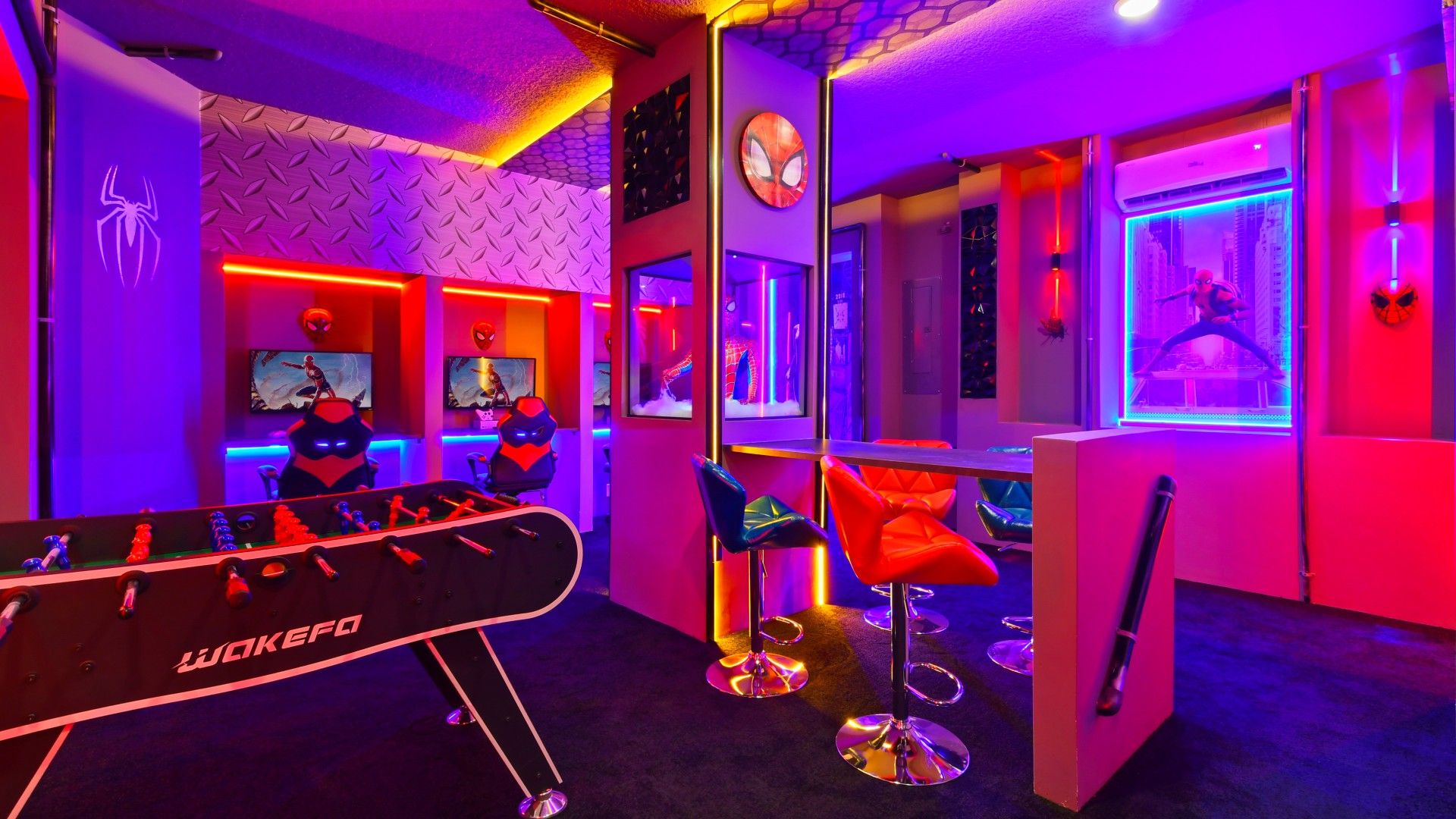 Spider-Man Themed Game Room: Neon Lights, Foosball & Fun!