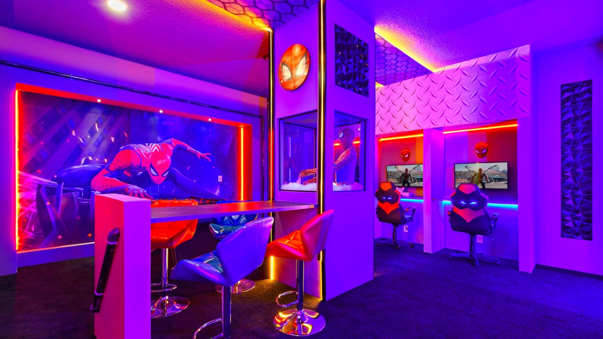 Epic Spider-Man Gaming Lounge: Neon Lights, Gaming Stations & Fun!