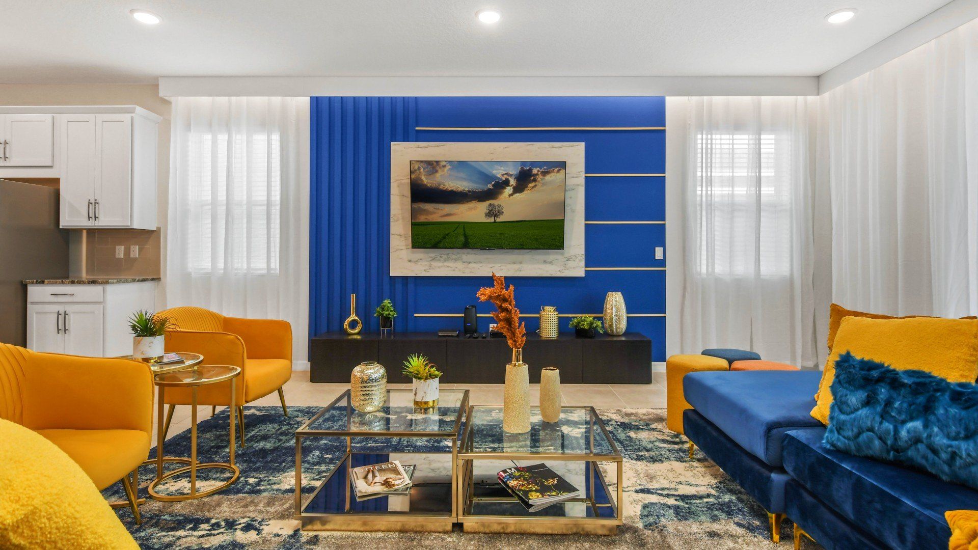 Modern Luxe Living: Bold Blue Accents, Chic Decor & Comfort!