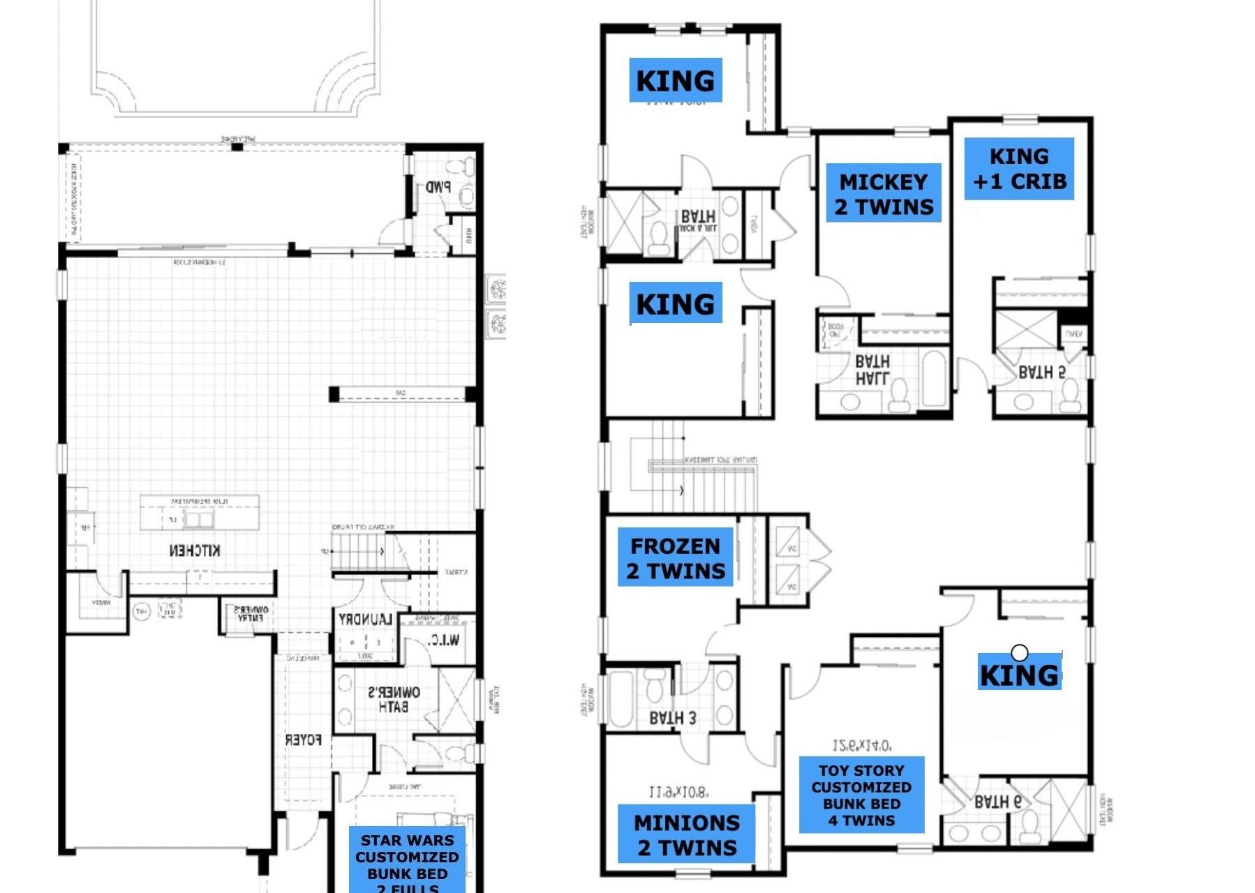 Themed villa: 3 Kings, Star Wars, Toy Story, Frozen, Minions, Mickey rooms!