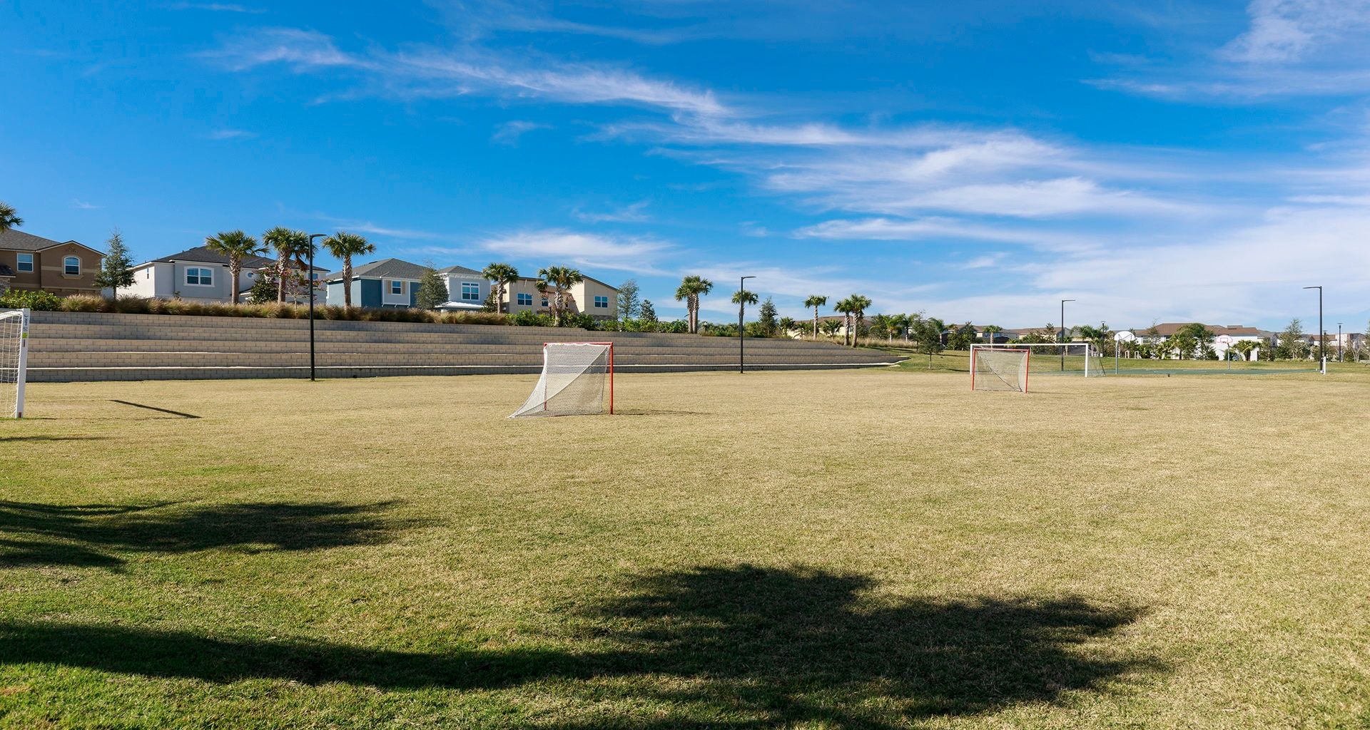 Spacious soccer field surrounded by palm trees and blue skies!