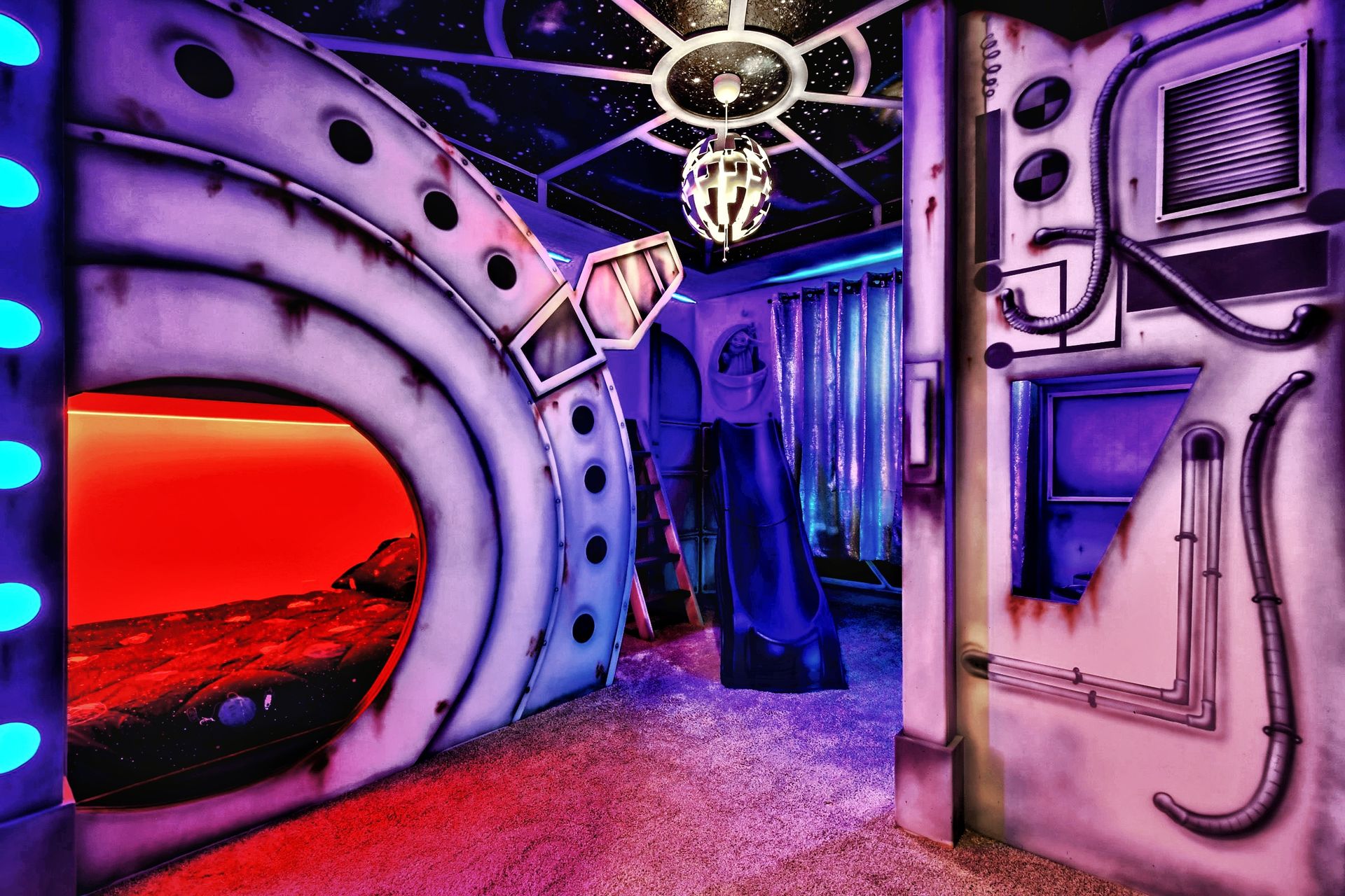 Step into a galaxy far, far away with the cool Star Wars-themed bedroom.