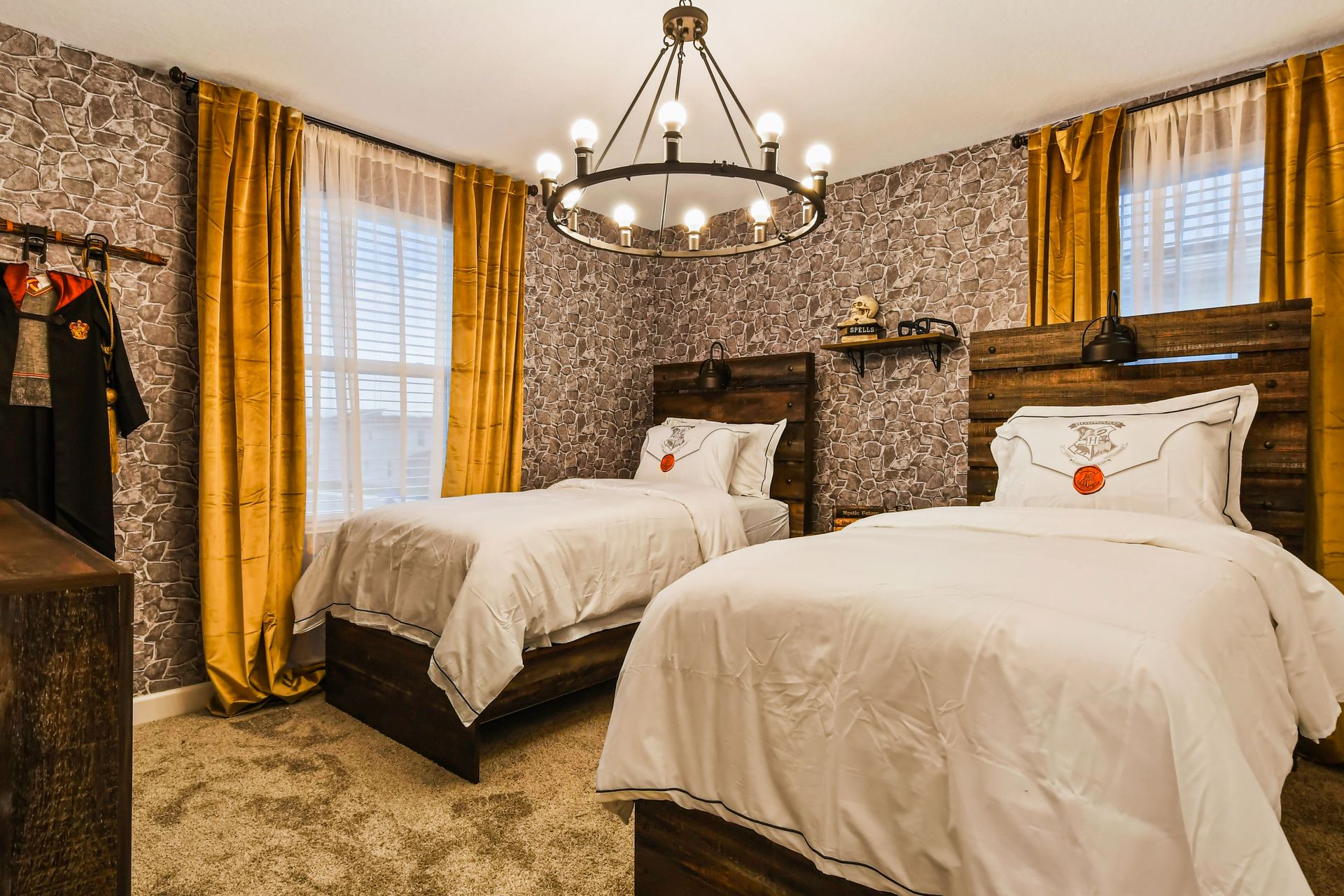 Kids will love the upstairs bedroom with a cool Harry Potter theme