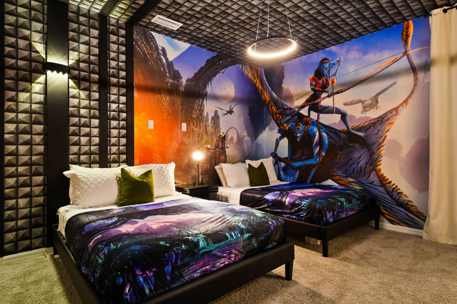 Immerse in Avatar magic with decor and 2 full beds, offering a fantastical and cozy stay.