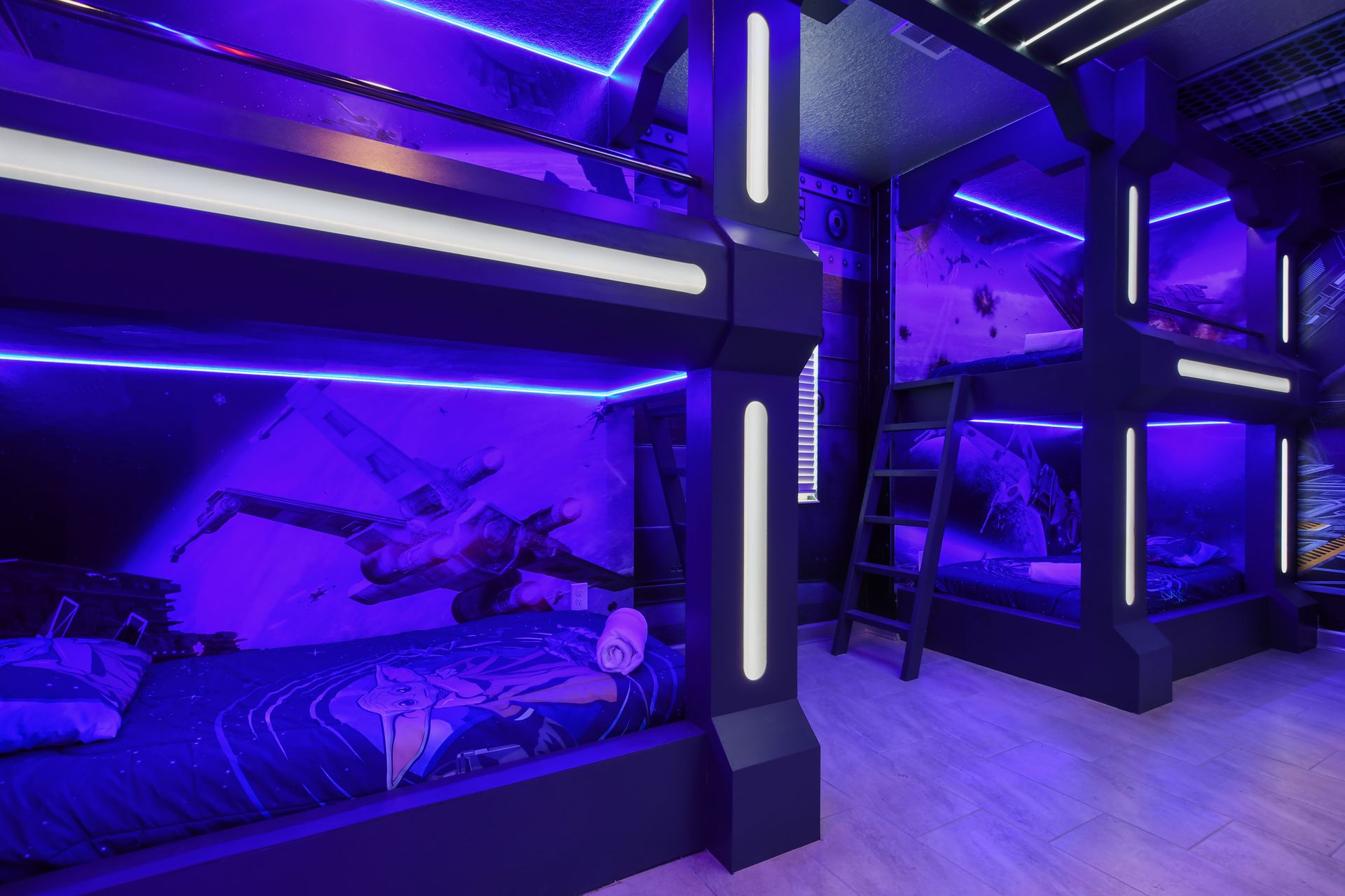 Galactic bunk bed room with epic Star Wars design and space-themed lighting