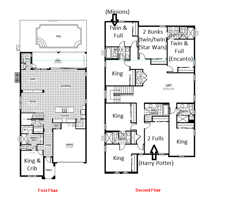 Spacious 7-bedroom home layout with themed rooms and king suites.