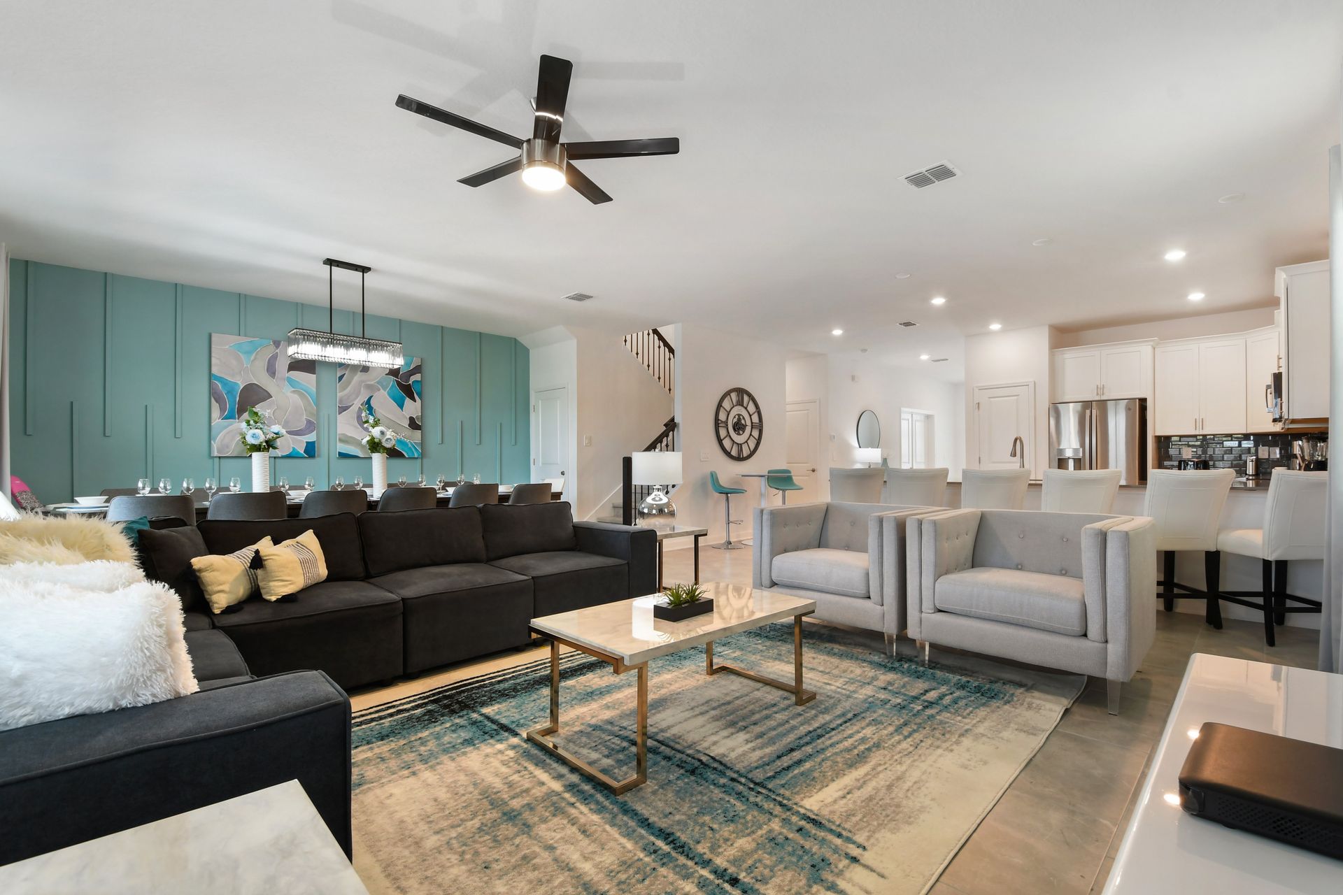 Spacious open-concept living with designer decor, full kitchen, and dining for 12.