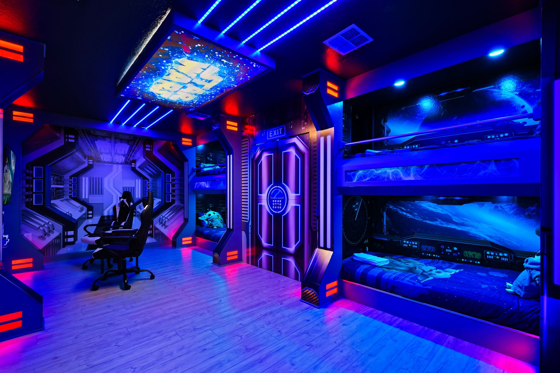 Ultimate space-themed bunk room with glowing LED lights, gaming chairs, and galactic murals.