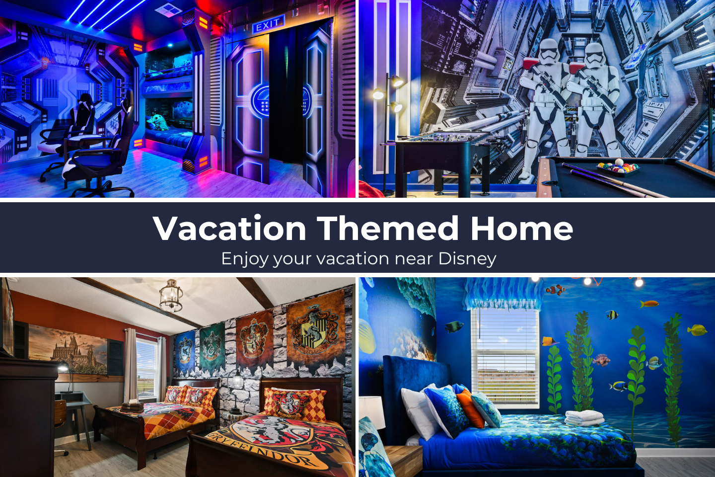 Epic Disney retreat with game room & themed bedrooms for kids and adults.