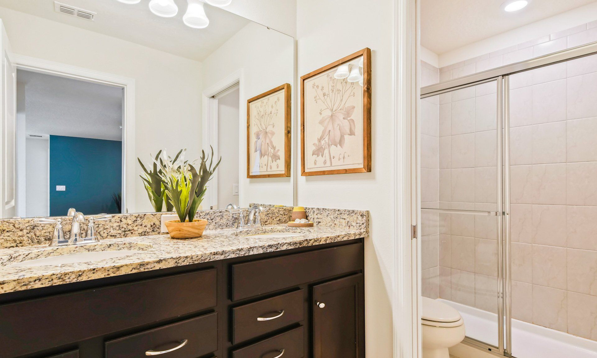 Modern bathroom with granite double vanity, elegant decor, and a spacious glass-enclosed shower.