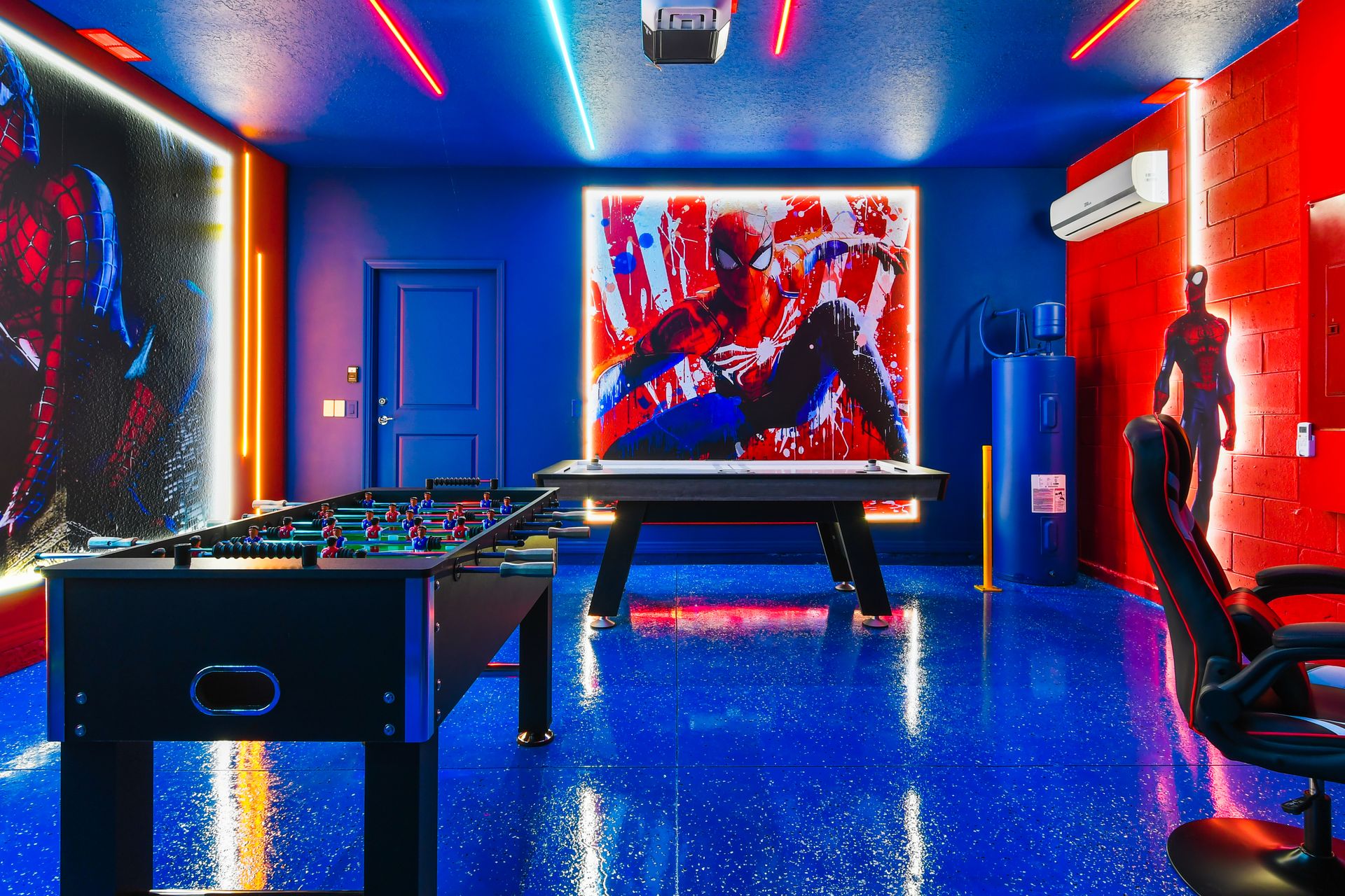 The game room is stylishly furnished with Spider-man theme with cool lights