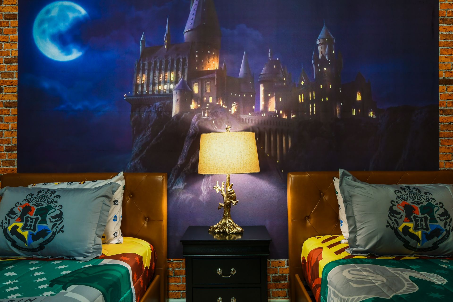 Kids will love the upstairs bedroom with a cool Harry Potter theme