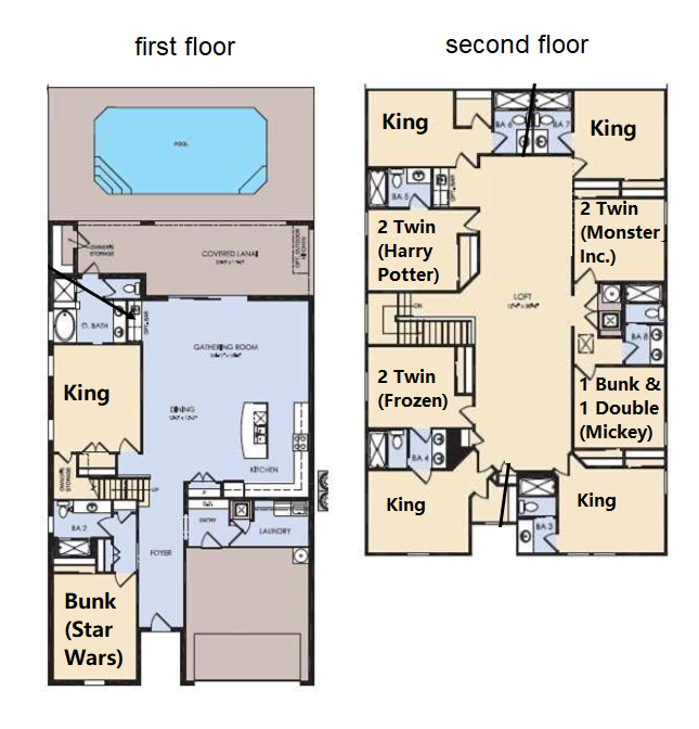 Spacious floor plan with bedrooms, game room, and more.