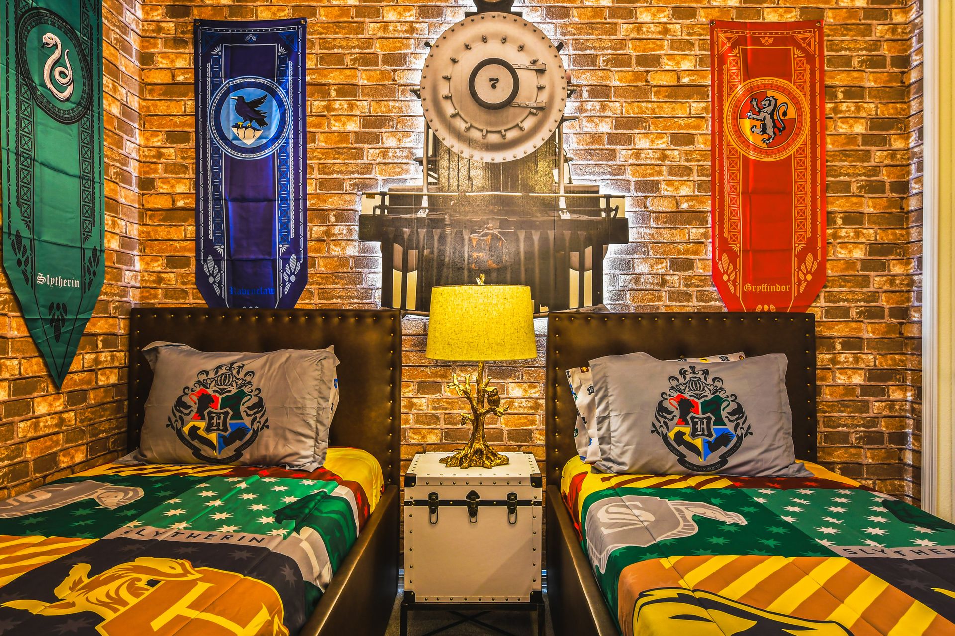 Wizarding-themed bedroom with house banners and magical decor!