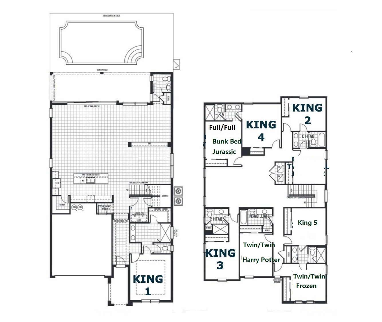 Spacious 7-bedroom home layout with themed rooms and king suites.