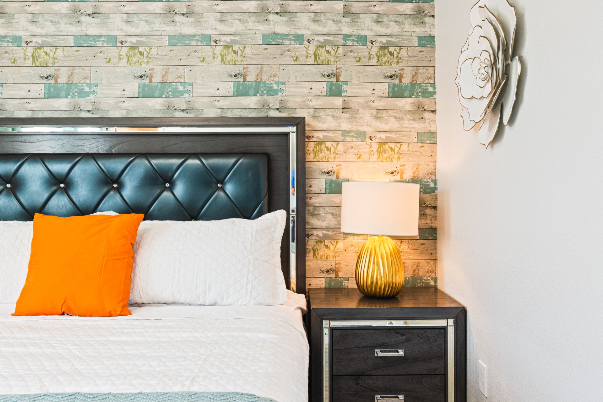 Cozy king suite with rustic wood accents, plush bedding, and a modern flair.