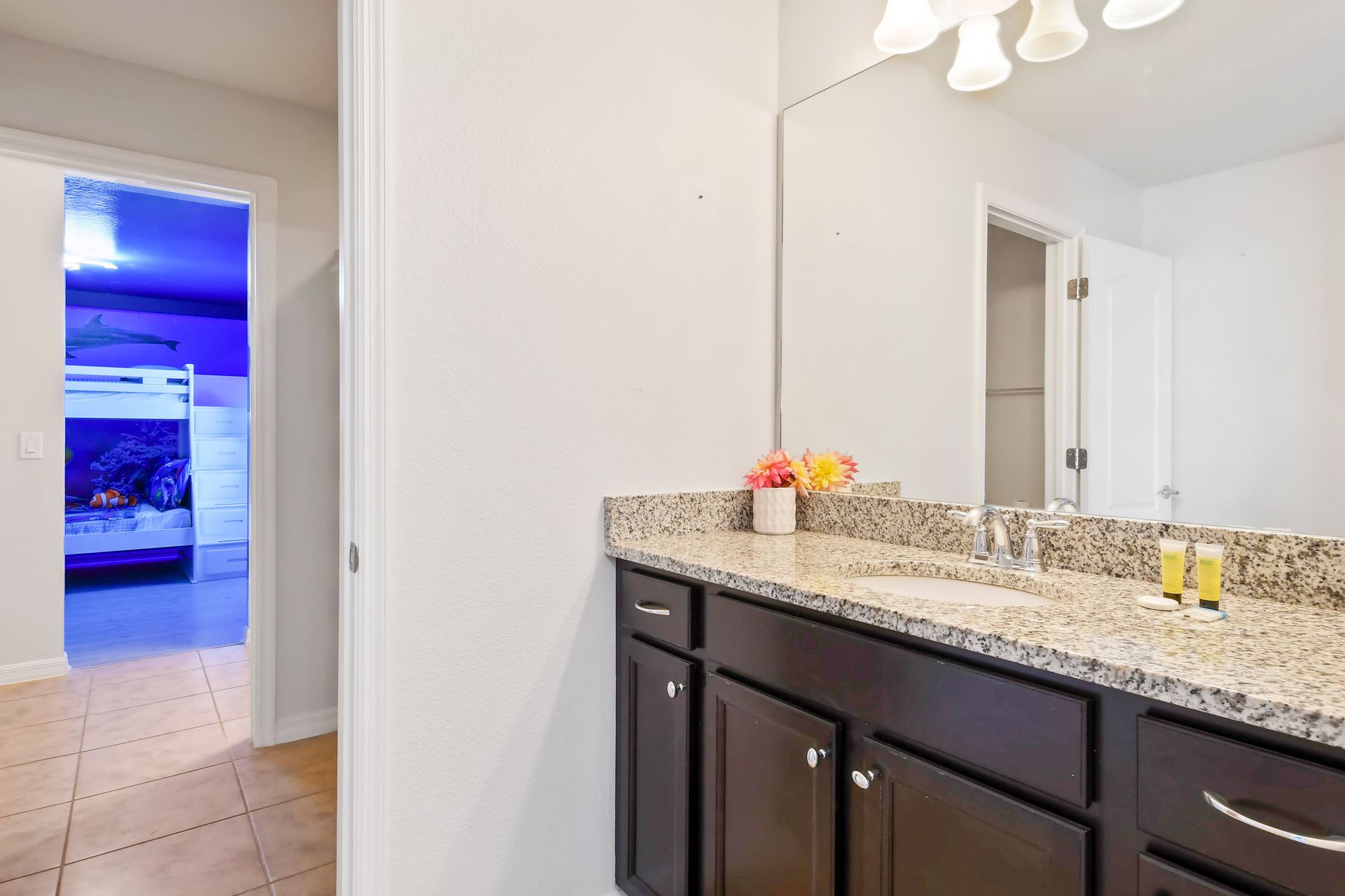 Bright bathroom with granite vanity, modern fixtures, and view into themed bedroom.