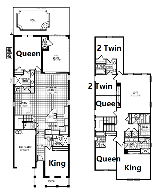 Spacious villa with pool, 6 bedrooms, modern kitchen, and cozy family loft.
