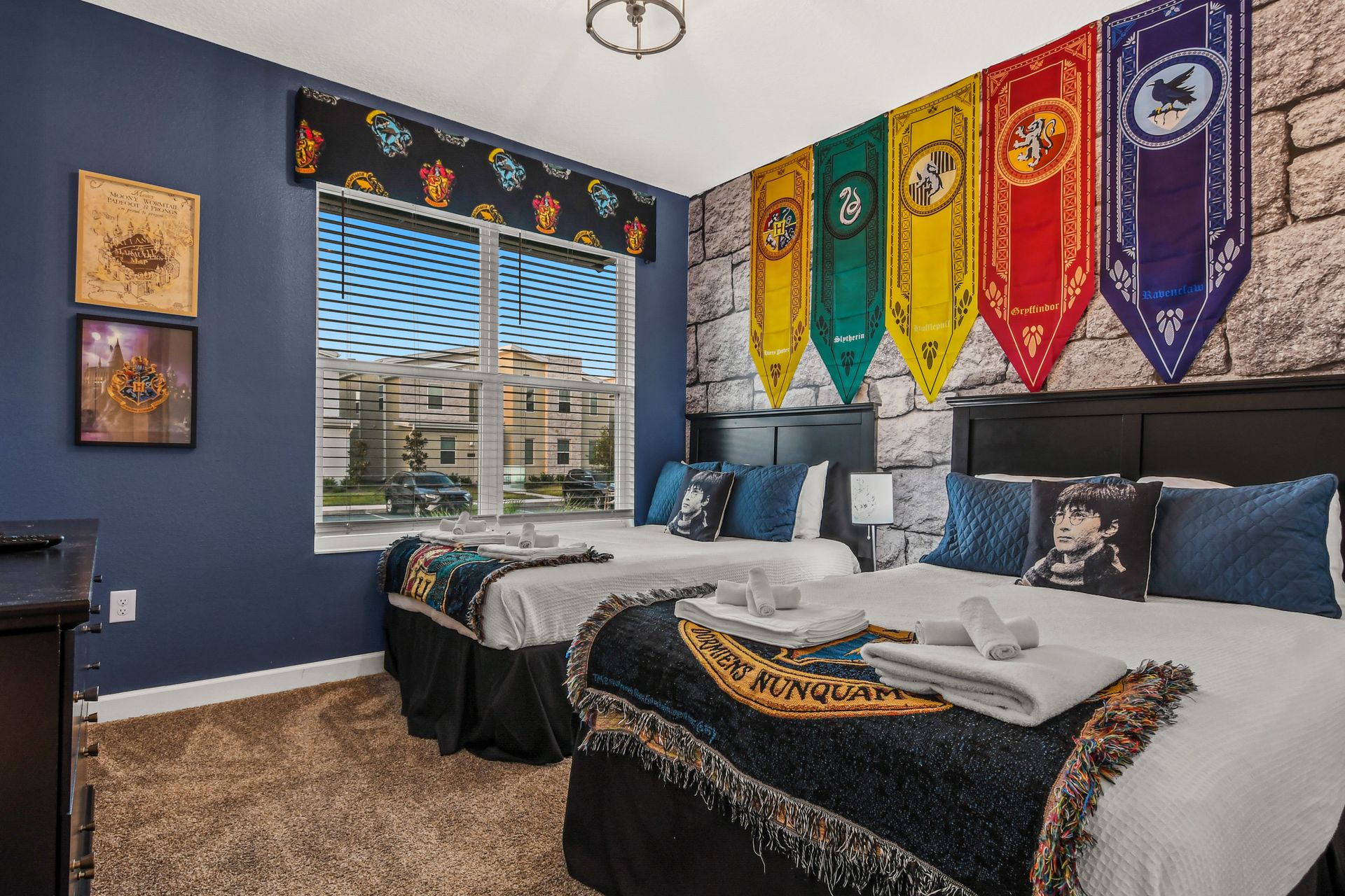 Drift into a peaceful sleep in our Harry Potter Themed cozy bedroom, ensuring a restful night's sleep during your stay.