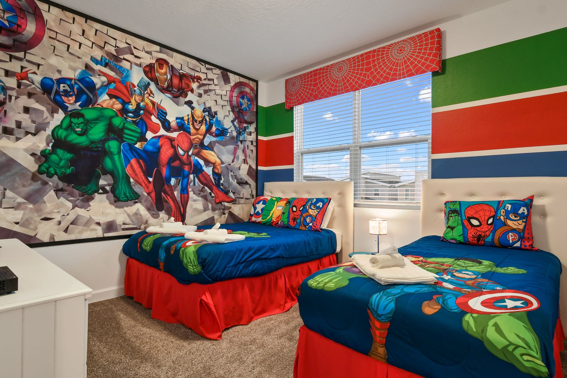 Relax in comfort in our Avengers inspired room, offering you a convenient and inviting space to make the most of your stay.