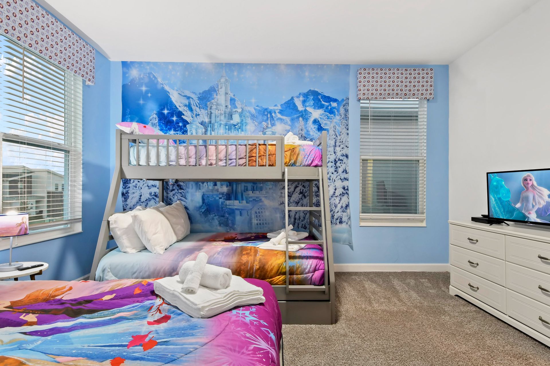 Unwind in our Elsa Themed cozy room, providing you with a peaceful retreat and a restful night's sleep during your stay.