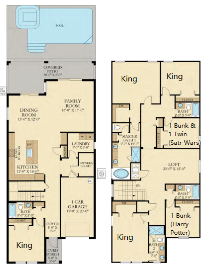 Modern 6BR home with private pool, themed rooms, and space for the whole group.
