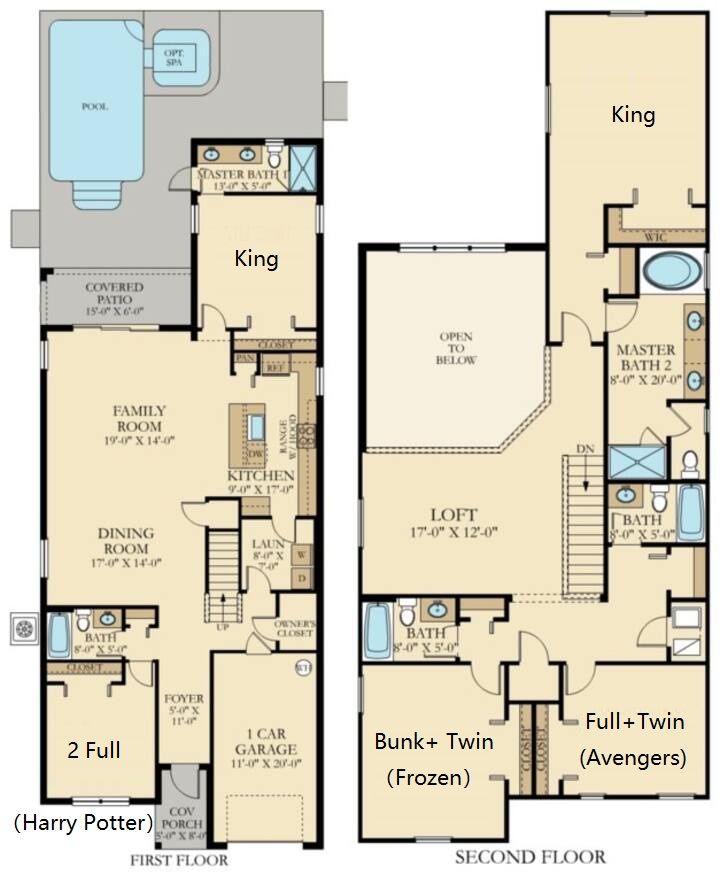 Spacious villa with themed rooms, 2 king suites, pool, loft, and garage.