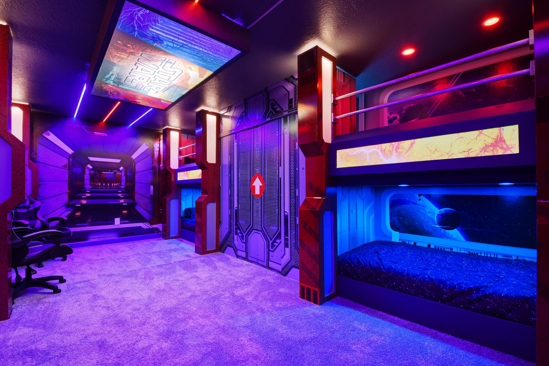 Kids will love the upstairs bedroom with a cool Star Wars theme