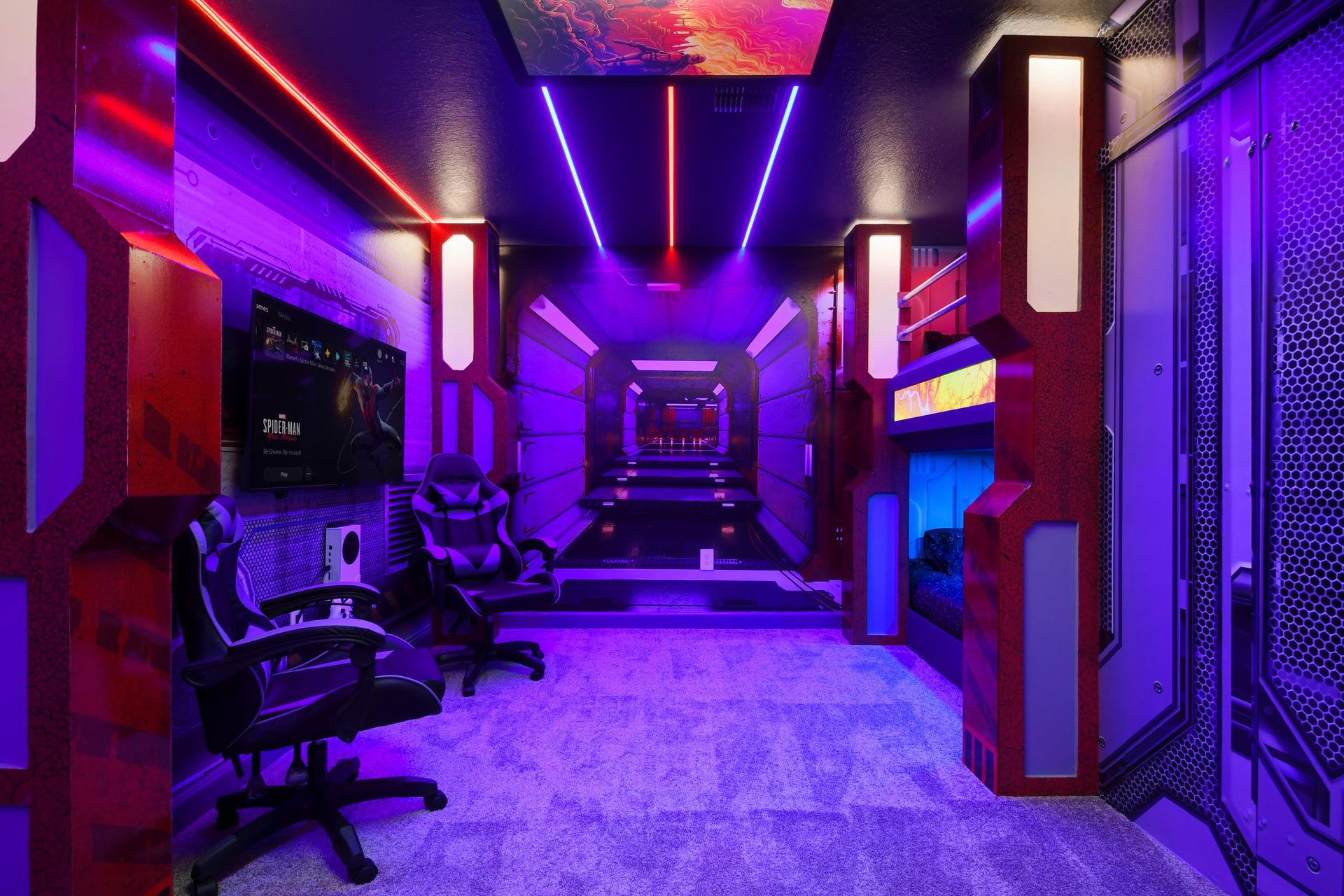 Kids will love the upstairs bedroom with a cool Star Wars theme