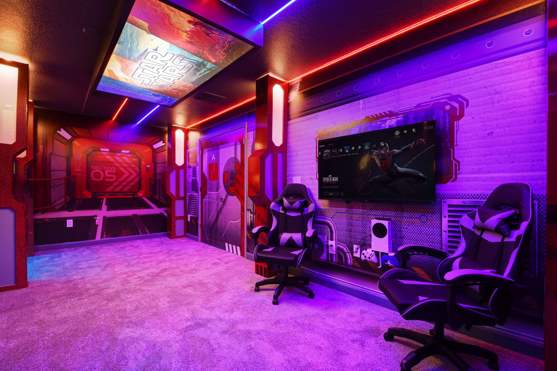 Epic Star Wars-themed game room with LED lights, pro chairs, and next-gen consoles.