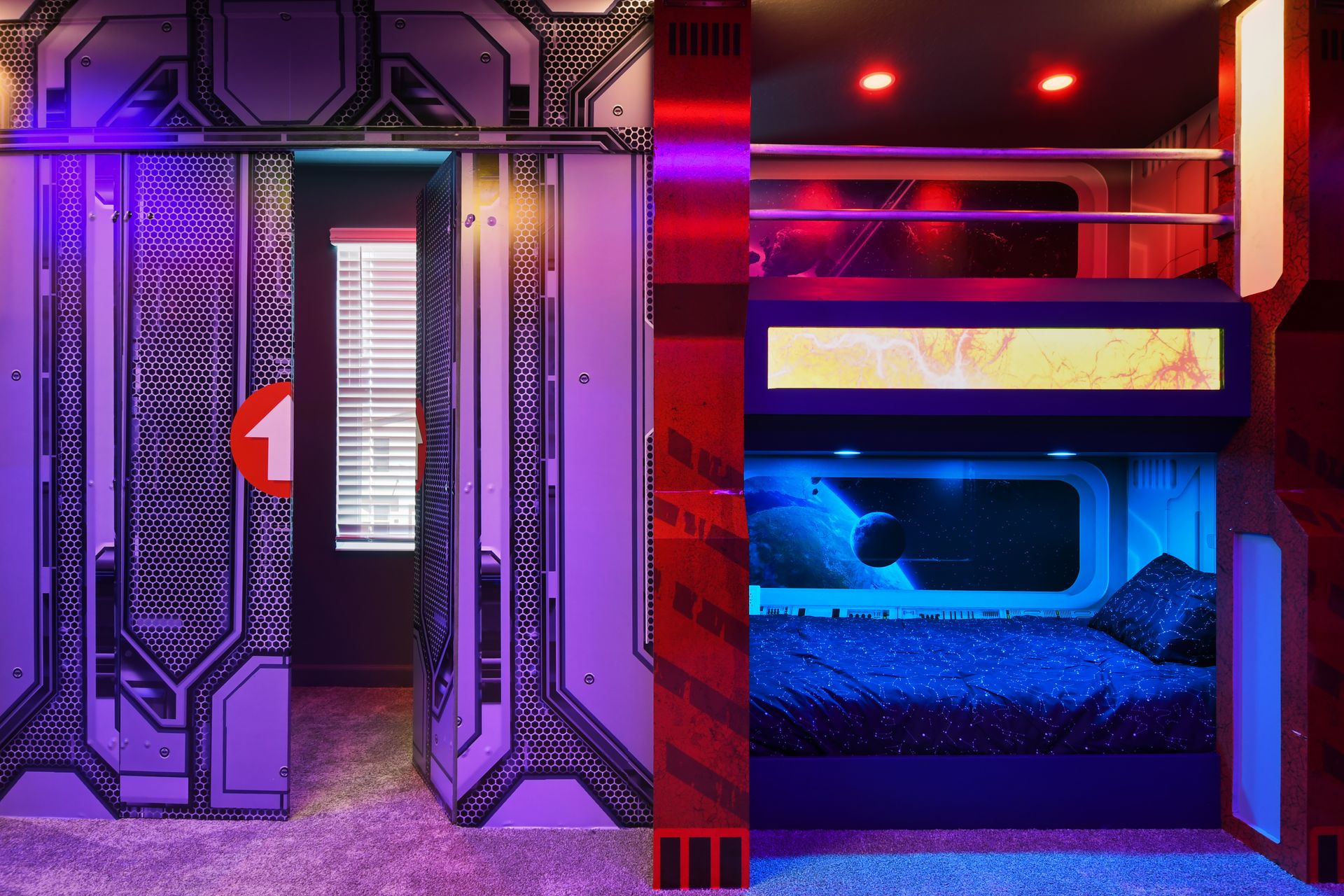 Blast off to dreamland in this galactic bunk room with space-themed design.