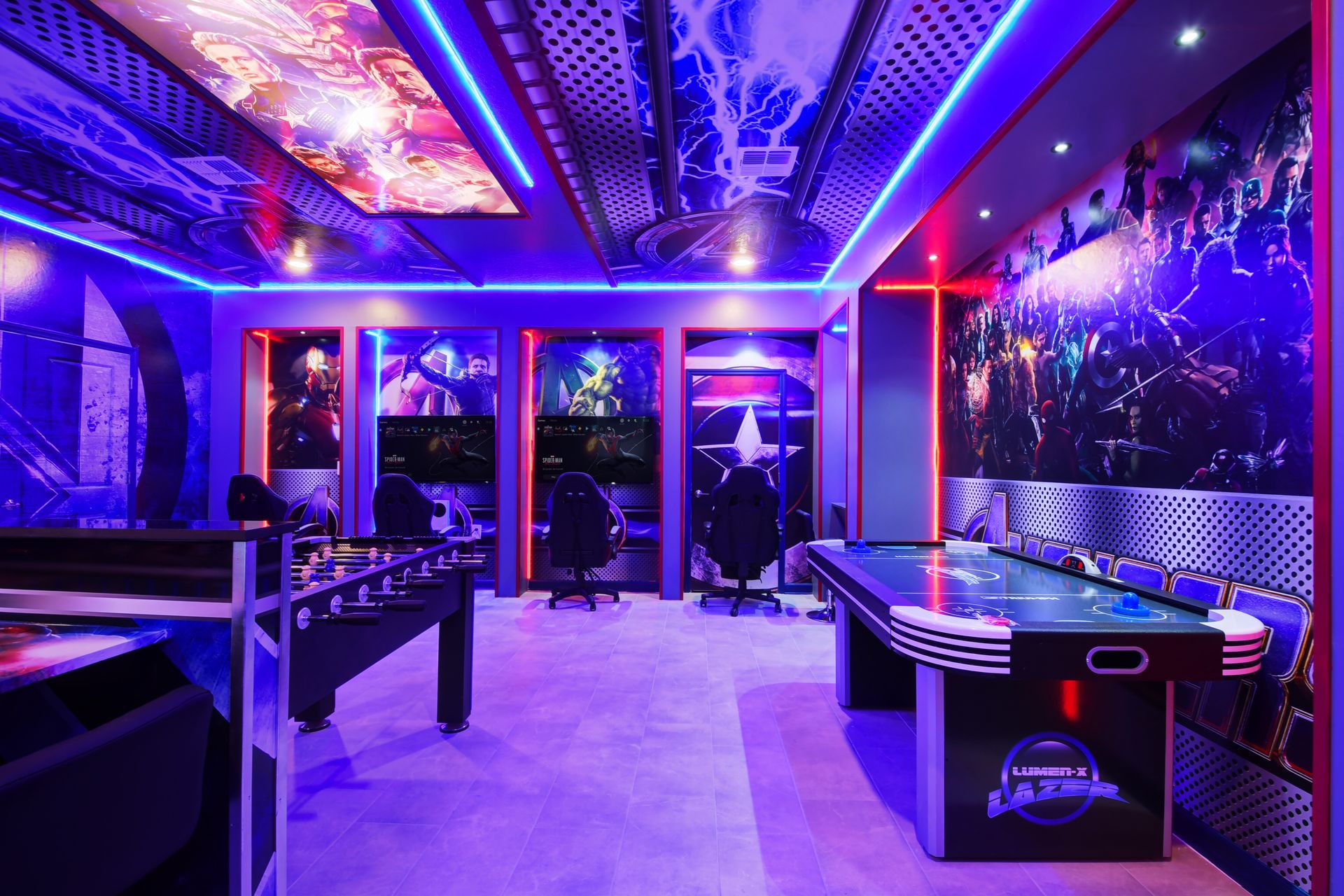 The game room is stylishly furnished with Avenger theme with cool lights