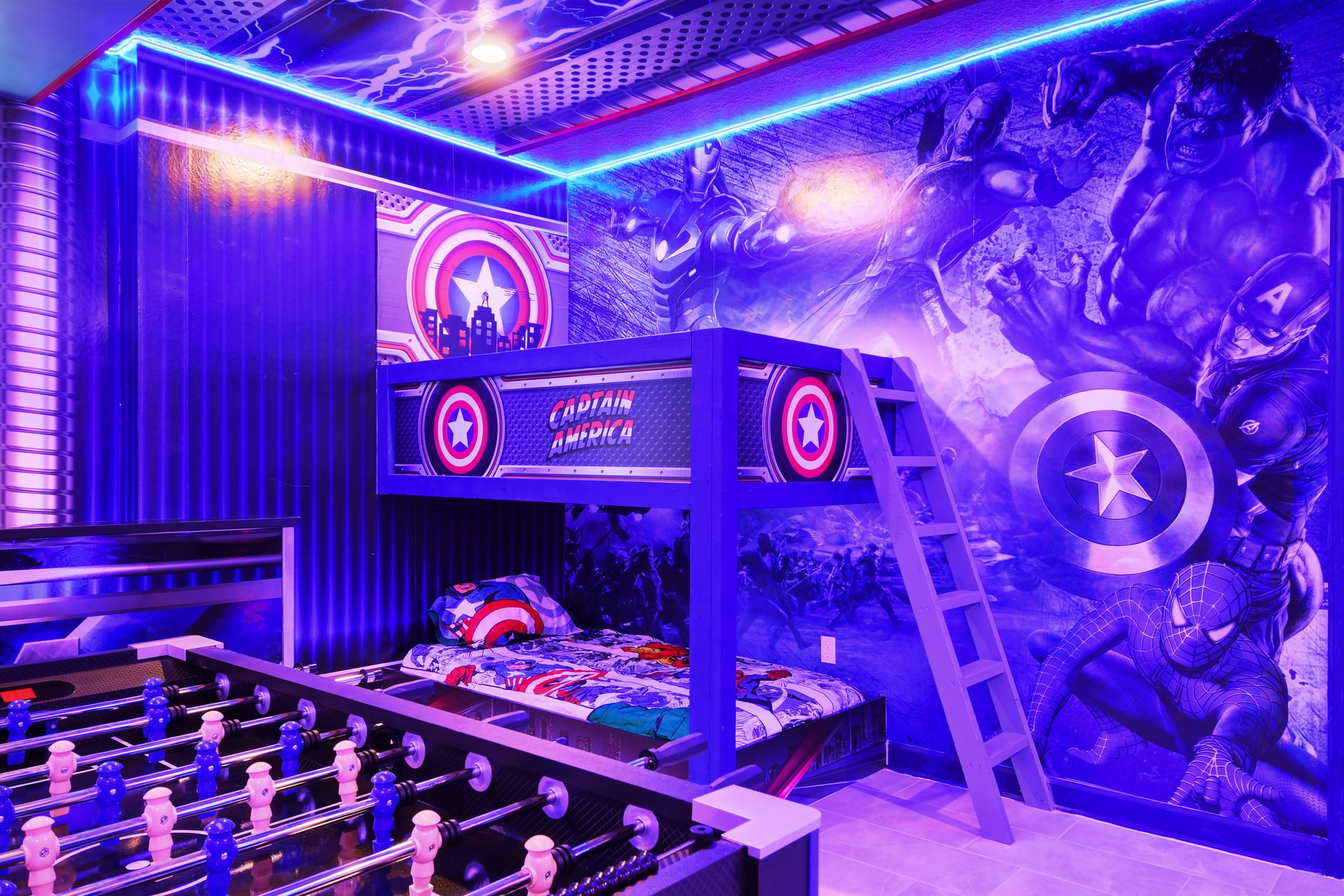 Sleep like a superhero in this vibrant Captain America bunk with epic Marvel art.