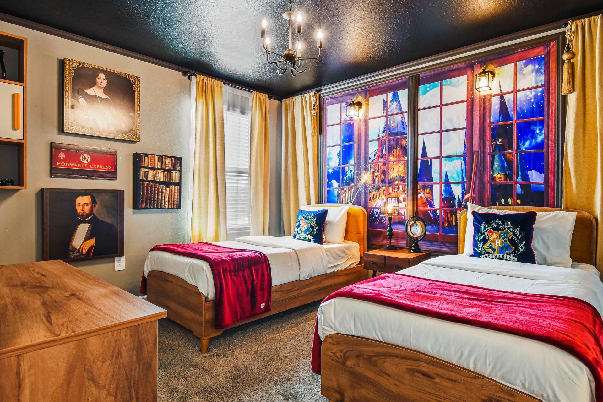 Kids will love the upstairs bedroom with a cool Harry Potter theme