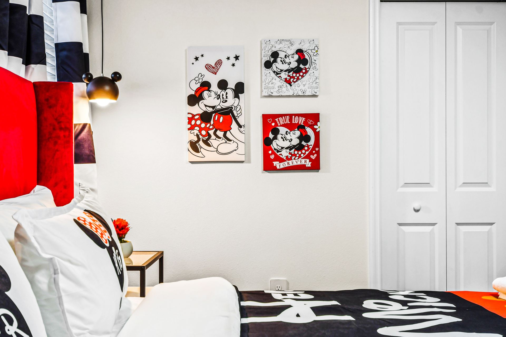 Romantic Mickey and Minnie suite with bold colors and playful Disney charm.