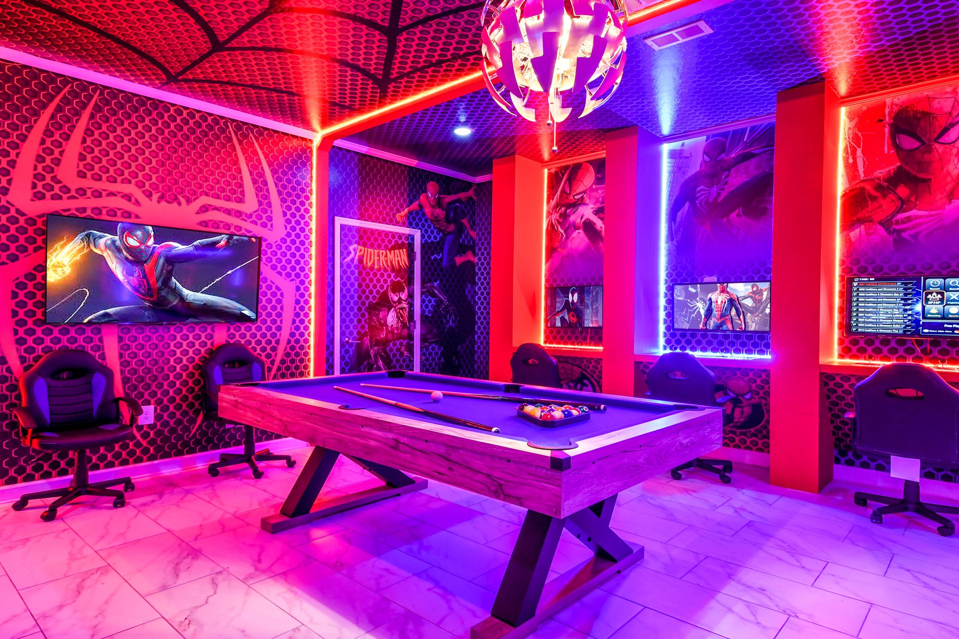 Spider-Man themed game room with pool table, gaming PCs, and epic decor!