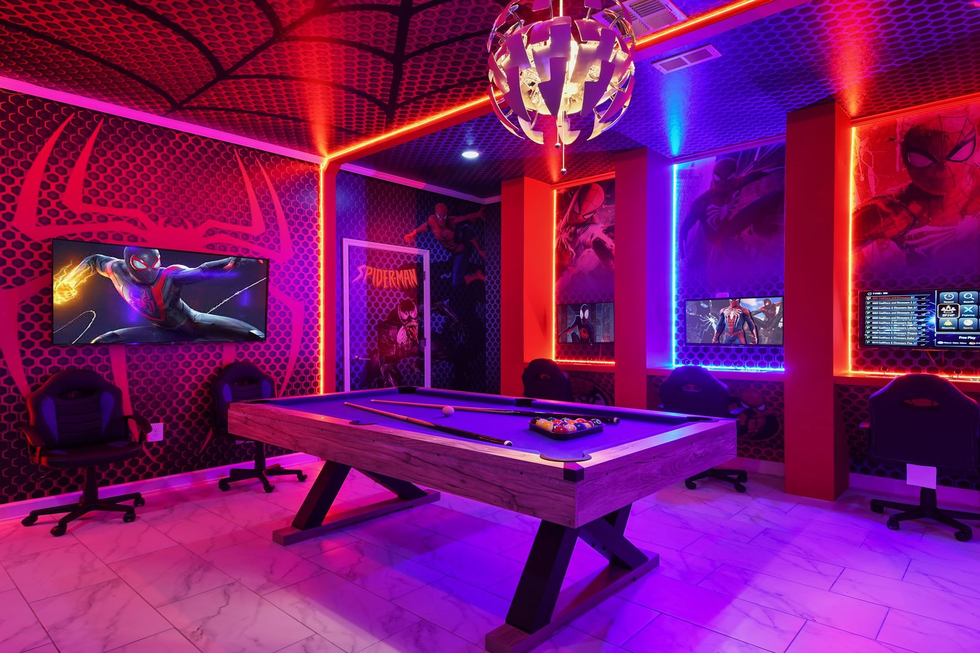 Epic Spider-Man game room with pool table, dual gaming setups, and neon vibes.