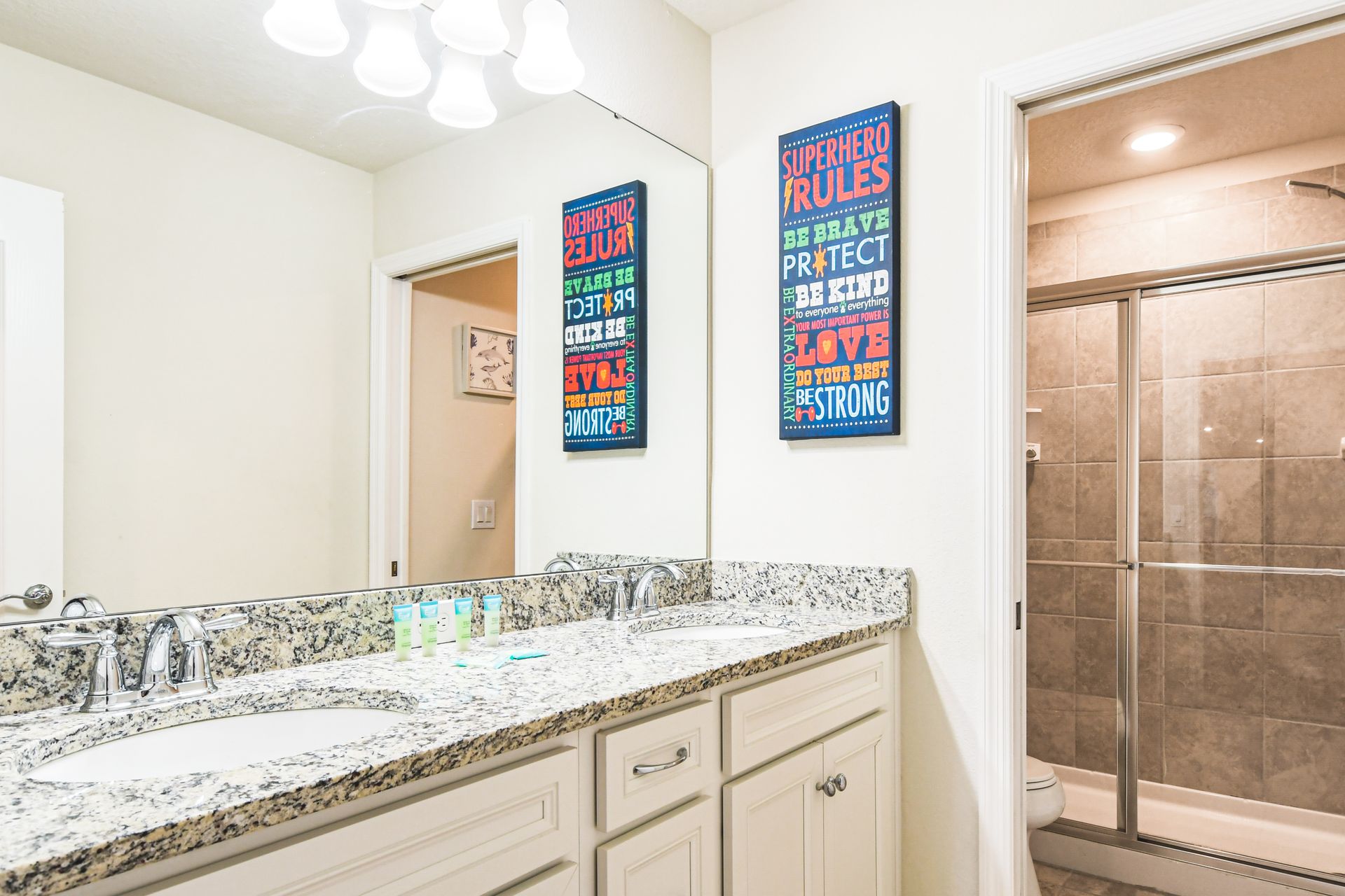 Bright, clean bathroom with elegant touches for a refreshing and uplifting start to the day!